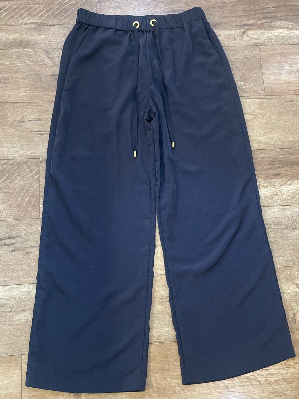 MICHAEL Michael Kors Navy Wide Leg Pull On Drawstring Pants Gold Hardware M